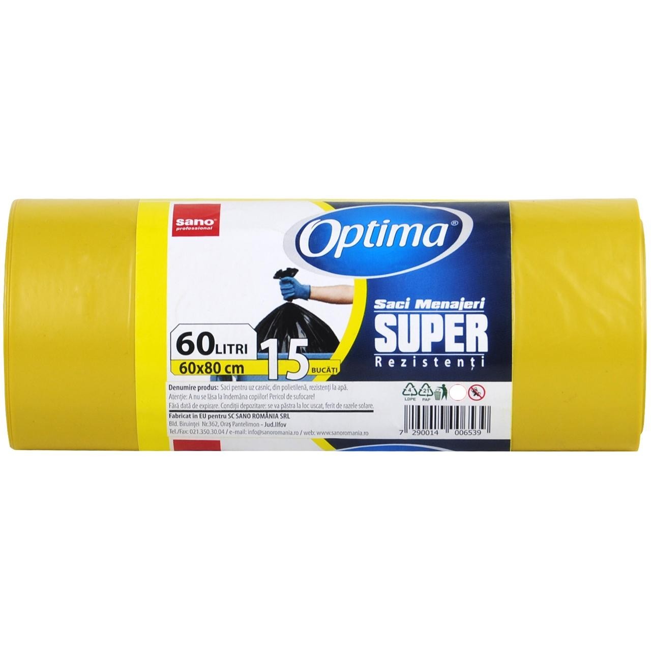 Saci menaj super rezistenti 60L, 15buc/rola, Sano Optima - galbeni