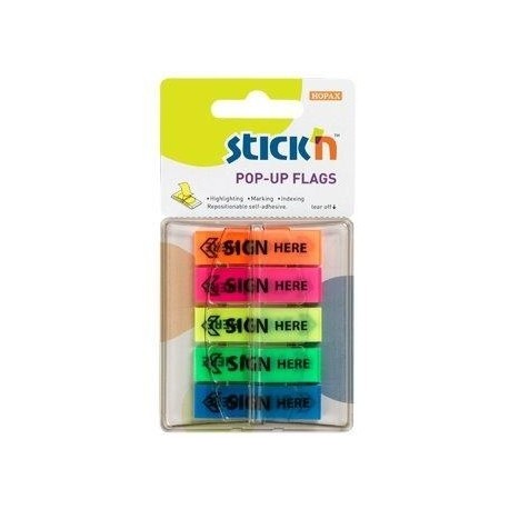 Film index autoadeziv 45 x 12mm, 5 x 30file/set, Stick"n Pop-up (sign here) - 5 culori fluorescente