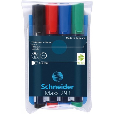 Marker SCHNEIDER Maxx 293, pentru tabla de scris+flipchart, varf tesit 2-5mm, 4 cul/set - (N,R,A,V)