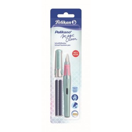 STILOU PELIKANO MAGIC OCEAN, PENITA M, GRIP ERGONOMIC, PENTRU DREPTACI, 2 PATROANE MARI ALBASTRU INCLUSE, BLISTER