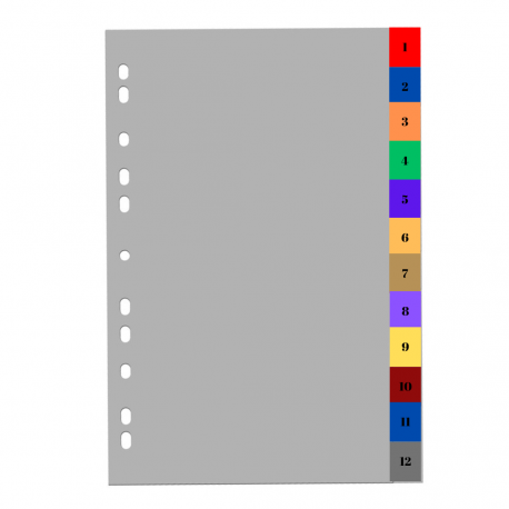 Index plastic color, A4+, extra wide, 120 microni, numeric 1-12, Optima